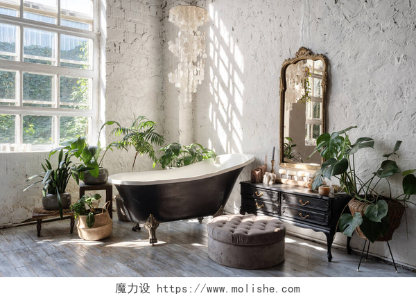 复古装修的浴室白色舒适浴室侧视图，带有黑色浴缸、木制经典梳妆台、镜子、装饰、植物和室内设计，风格时尚时尚。舒适和室内装潢的概念